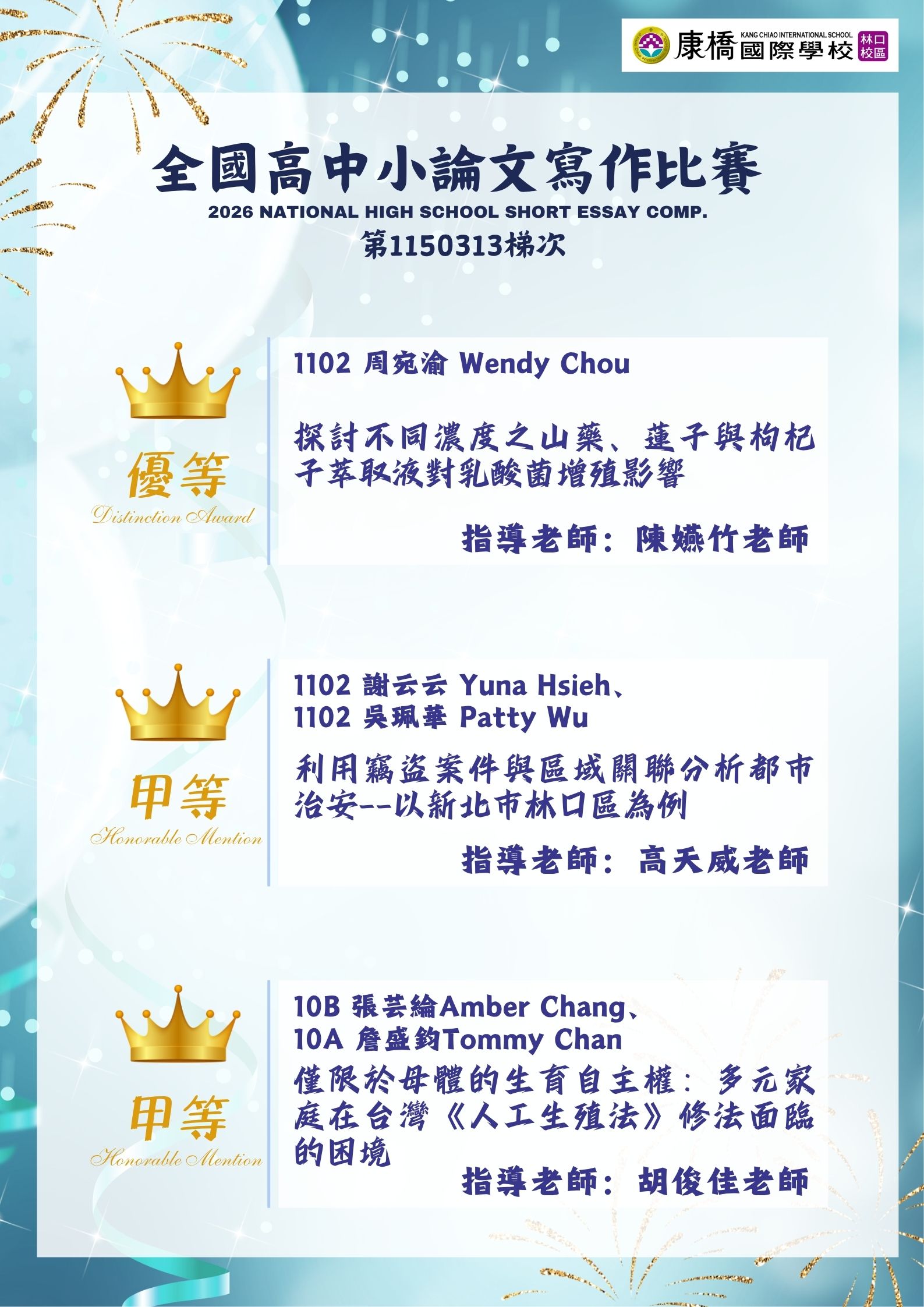 114-2 全國高中小論文寫作得獎名單